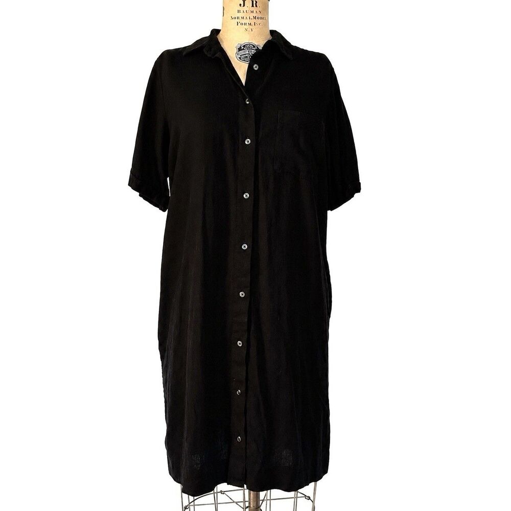 Old Navy Linen Blend Shirt Dress Womens L Tall Black Button Front Midi Pockets